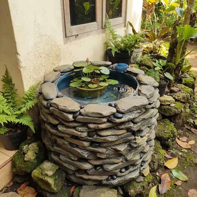 Ide Dekorasi Kolam Galon Bekas dengan Batu Alam dan Tanaman Air, Suasananya Asri, Cantik dan Hemat Biaya Model dengan Batu Kali Pipih dan Lotus Kerdil
