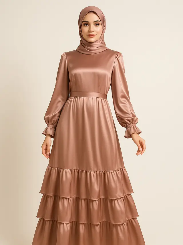 Model Long Dress Muslim Satin Silk yang Lagi Tren