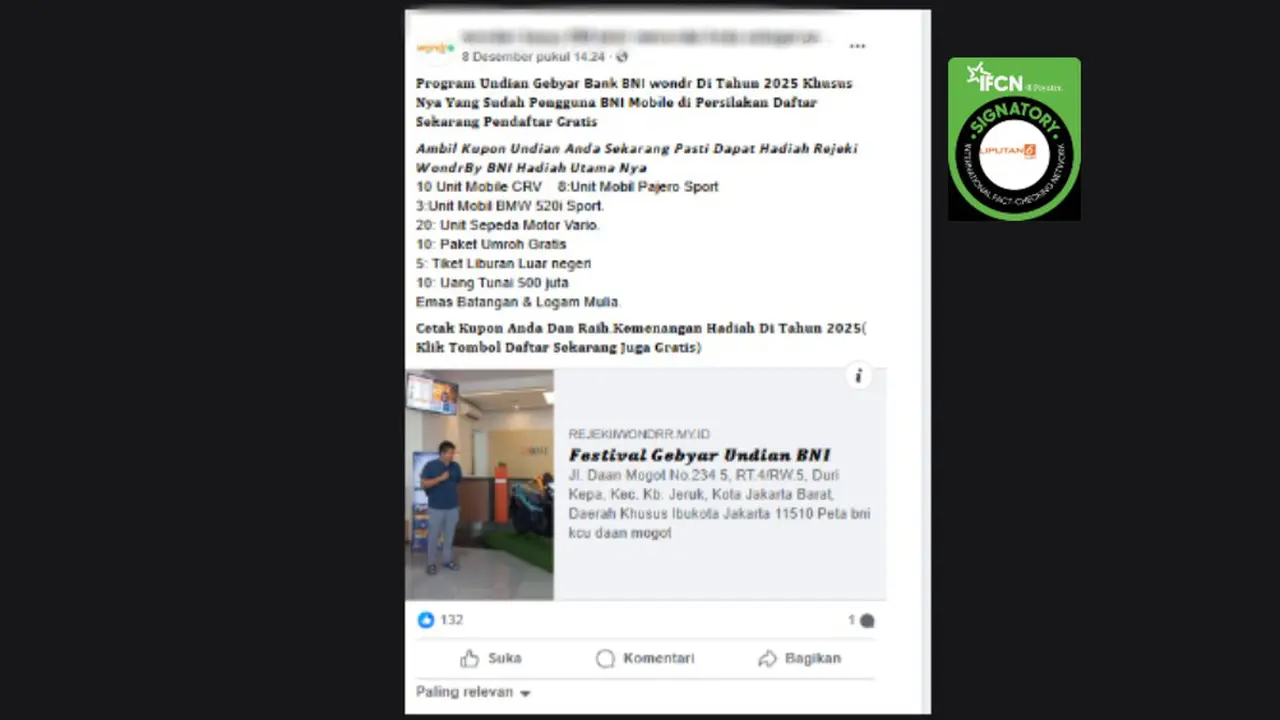 Tangkapan layar klaim link pendaftaran undian Rejeki Wondr Bank BNI yang beredar di Facebook.