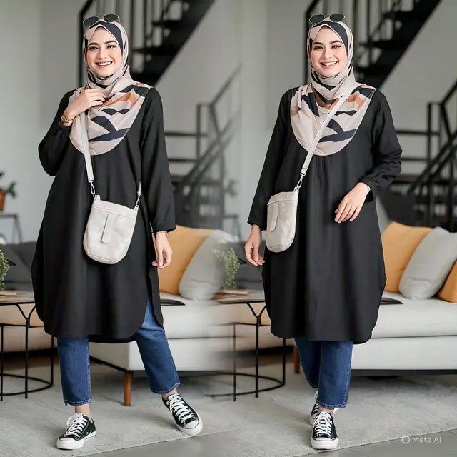 Dress Hitam Tunik dengan Hijab Bermotif
