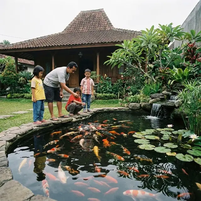 Memberi makan ikan di tepian kolam (Gemini AI)