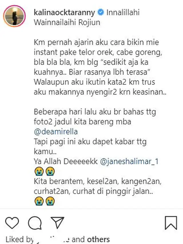 Kalina Ocktaranny Kenang Persahabatannya dengan Mendiang Jane Shalimar
