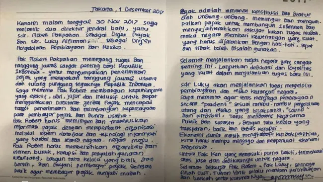 Tulisan tangan Menkeu Sri Mulyani (Facebook: Menkeu Sri Mulyani)