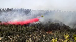 Sebuah pesawat pemadam kebakaran bekerja memadamkan api yang berkobar di kawasan hutan dekat Kibbutz Neve Ilan di sebelah barat Yerusalem, Israel, Rabu (9/6/2021). Puluhan petugas pemadam kebakaran dan 10 tanker udara berjuang memadamkan api. (Ahmad GHARABLI/AFP)
