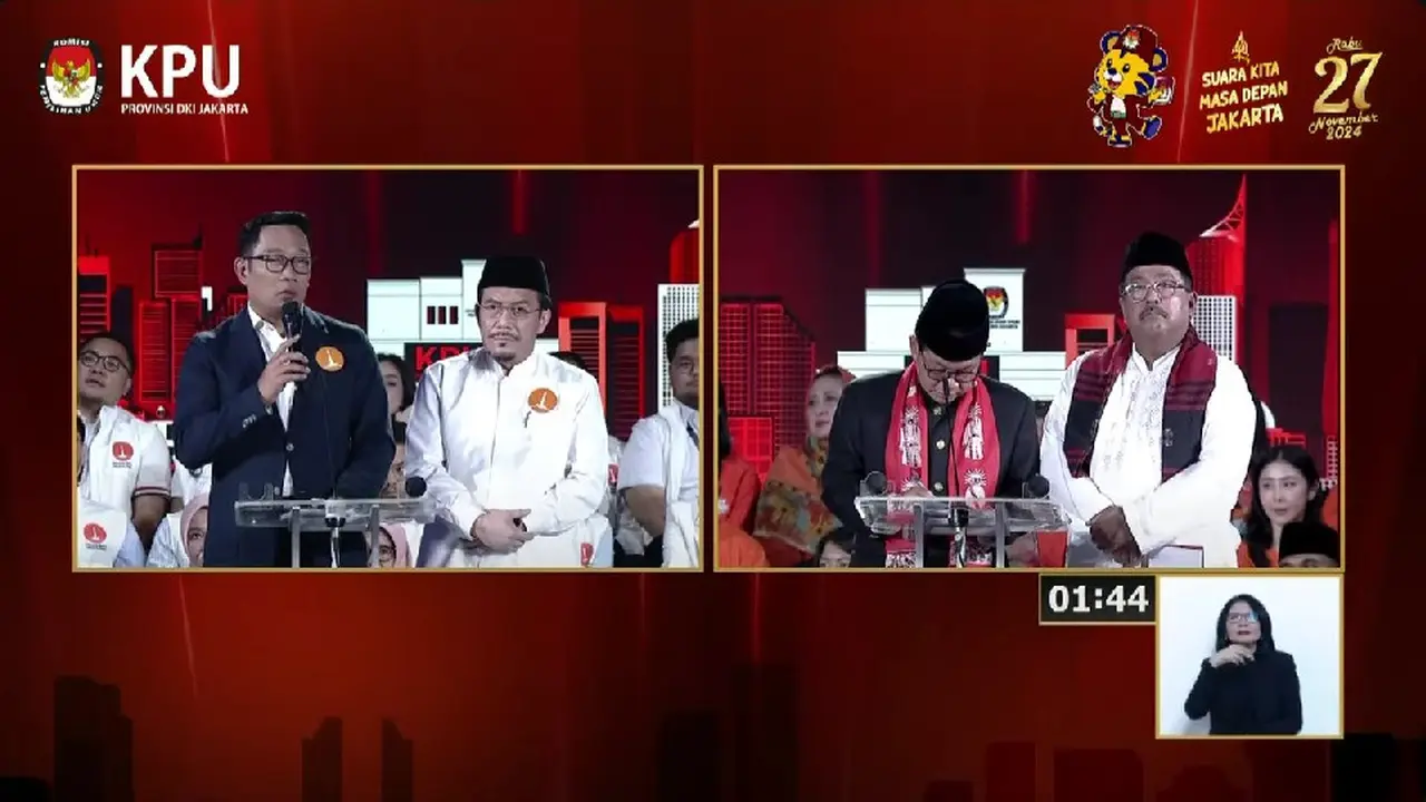 Paslon gubernur dan calon wakil gubernur nomor urut 1 Ridwan Kamil-Suswono dan paslon nomor urut 3  Pramono Anung-Rano Karno saat debat terakhir atau debat ketiga Pilkada Jakarta 2024.