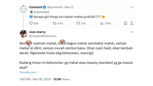 6 Cuitan Netizen Keluhkan Kebutuhan Wanita Mahal Ini Bikin Senyum Tipis