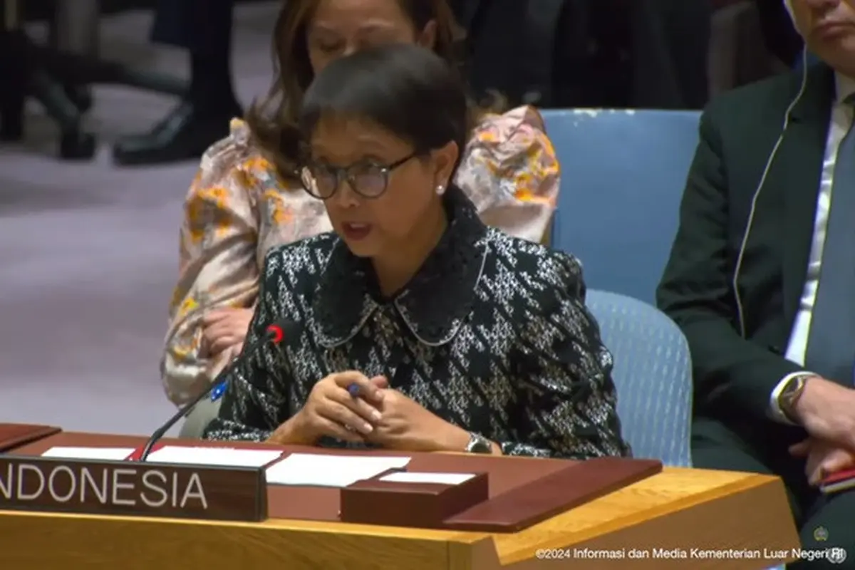 Menteri Luar Negeri Republik Indonesia Retno Marsudi saat memberikan pernyataan di Dewan Keamanan PBB mengenai situasi di Palestina pada Selasa (23/1/2024).