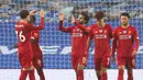 Pemain Liverpool merayakan gol yang dicetak Mohamed Salah ke gawang Brighton pada laga lanjutan Premier League pekan ke-34 di Stadion Falmer, Kamis (9/7/2020) dini hari WIB. Liverpool menang 3-1 atas Brighton. (AFP/Catherine Ivill/pool)