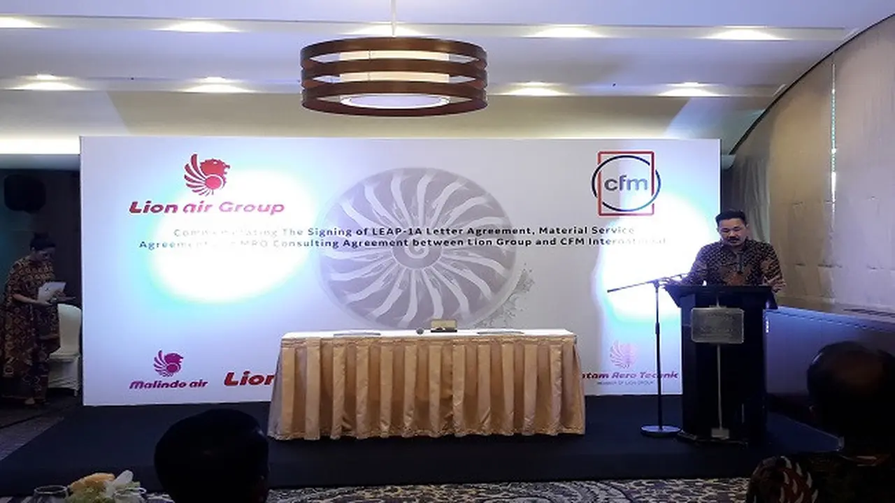 Maskapai Lion Air Group melalui perusahaan leasing Transportation Partners dan CFM International merealisasikan pemesanan 380 unit mesin LEAP-1A. (Liputan6.com/Ilyas Istianur P)