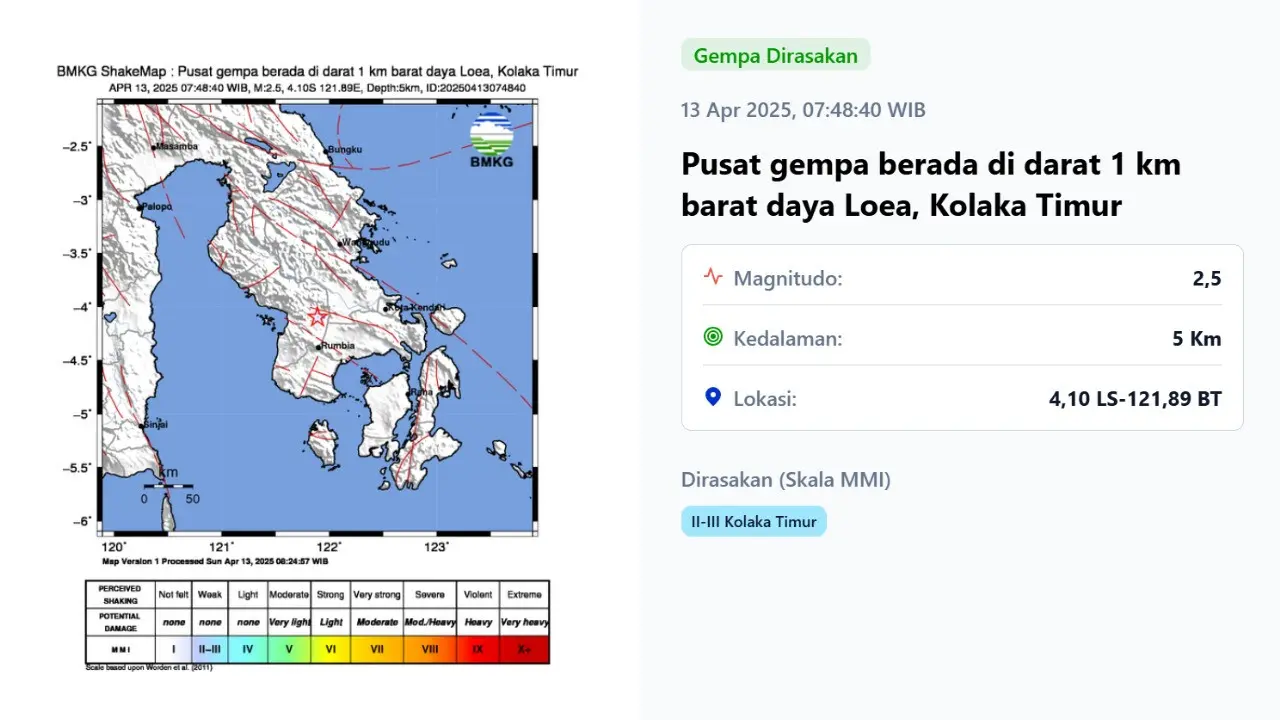 Gempa hari ini di akhir pekan, Minggu (13/4/2025) pukul 07:48:40 WIB menggetarkan wilayah Kolaka Timur, Provinsi Sulawesi Tenggara.