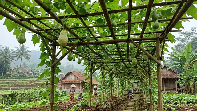 Kebun Labu Siam Gantung dengan Para-Para Bambu Tradisional