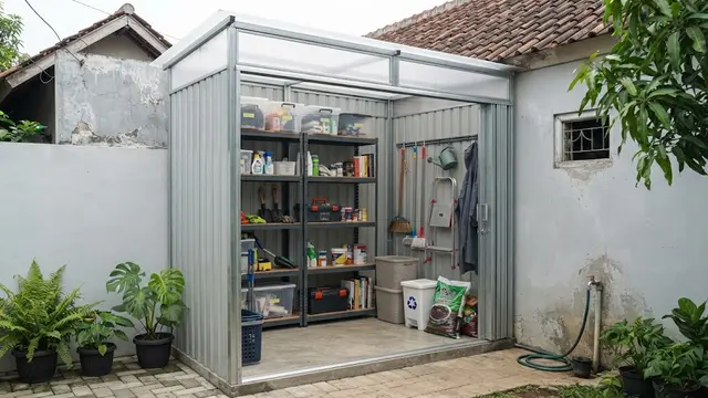 Desain gudang mini 1x2 meter di samping rumah sebagai contoh yang bisa jadi ruang serbaguna model gudang dengan rak bongkar pasang
