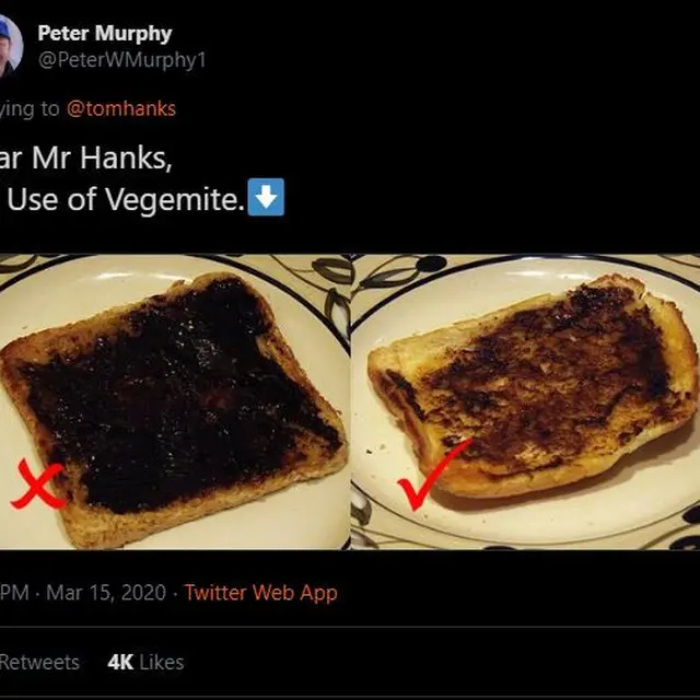 Reaksi warganet soal roti Tom Hanks. (Twitter/ @PeterWMurphy1 )