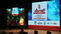 Menteri Komunikasi dan Informatika Rudiantara memberi sambutan dalam peluncuran siaran televisi digital bagi masyarakat perbatasan di GOR Dwikora Kabupaten Nunukan, Kalimantan Utara, 31 Agustus 2019.