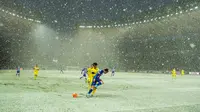 Hujan salju turun saat pertandingan Liga Jerman antara Hertha BSC Berlin melawan TSG 1899 Hoffenheim di Stadion Olimpiade, Berlin, Jerman, (22/11/2015). (AFP Photo/Odd Andersen)