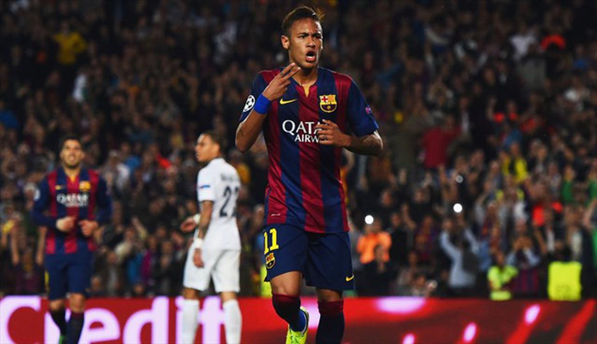 Selebrasi Neymar setelah sarangkan gol kedua Los Cules di menit ke-34. Sumber: UEFA.