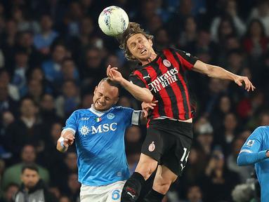 Napoli berhasil memetik kemenangan saat menjamu AC Milan dalam laga lanjutan Liga Italia 2025/2026 di Diego Armando Maradona Stadium, Naples, Italia, Senin (06/04/2026) waktu setempat. (AP Photo/LaPresse/Alessandro Garofalo)