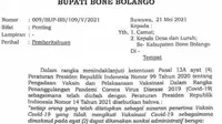 Kutipan surat edaran Bupati Bone Bolango (Arfandi Ibrahim/Liputan6.com)