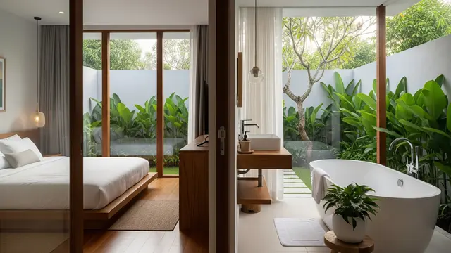 Kamar Tidur dengan Pemandangan Hijau dan Bathtub Terbuka