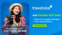 Di Traveloka, ada flexible visit date, Anda bisa mengatur sendiri dengan bebas tanggal kunjungan dan tiket balik lebih lama.