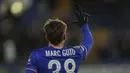 Pemain Chelsea, Marc Guiu melakukan selebrasi setelah mencetak hattrick ke gawang Shamrock Rovers pada laga lanjutan UEFA Conference League di Stamford Bridge, London, Inggris, Jumat (20/12/2024) WIB. (AP Photo/Ian Walton)