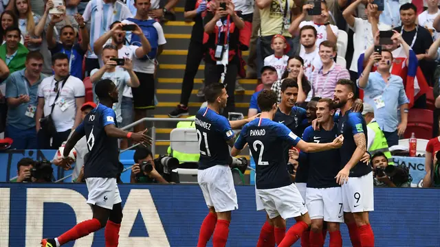 Selebrasi pemain Prancis saat bertemu Argentina di 16 besar Piala Dunia 2018
