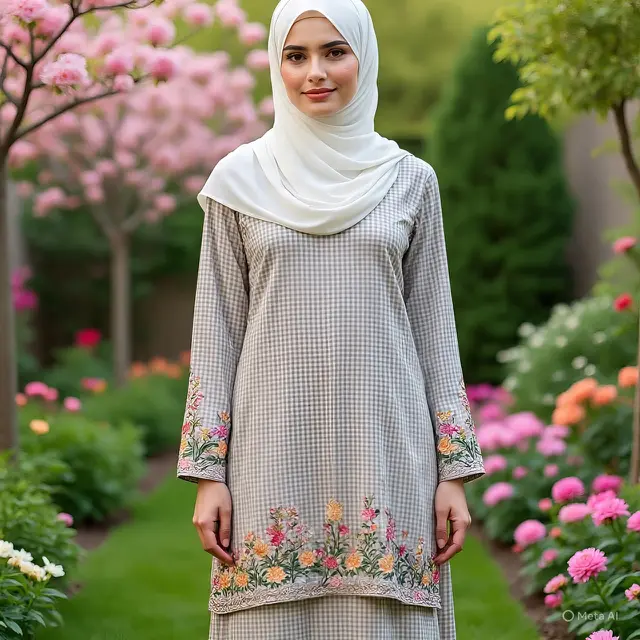 Ilustrasi Gamis Kotak-kotak motif bunga (Created by Meta AI)