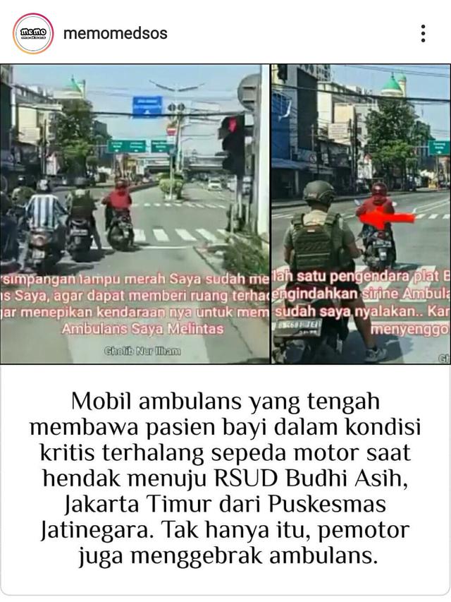 Tangkapan layar aksi oknum anggota TNI AD diduga menghalangi laju mobil ambulans di Jakarta Timur