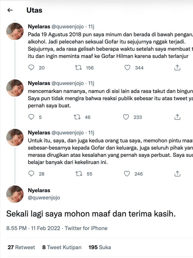 Klarifikasi dugaan pelecahan seksual yang dilakukan Gofar Hilman. (Foto: Dok. Twitter @quweenjojo)