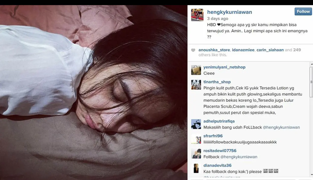 Belum lama ini, Hengky Kurniawan memposting foto Sonya yang terlihat sedang tertidur dengan caption yang mesra. (instagram.com/hengkykurniawan)