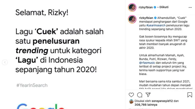 Dapat Penghargaan dari Google, Rizky Febian Persembahkan untuk Keluarga serta Mendiang Ibunda