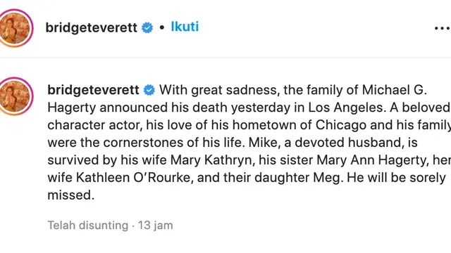 Unggahan aktris Bridget Everett terkait Mike Hagerty meninggal dunia. (Foto: Dok. Instagram terverifikasi @bridgeteverett)