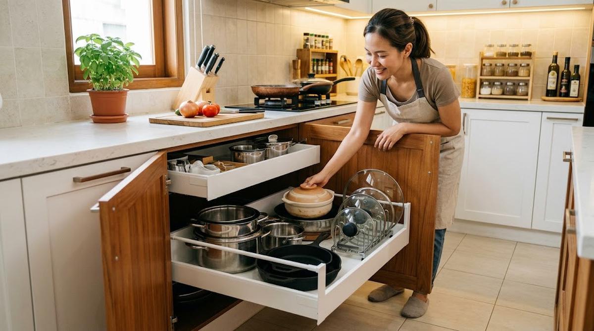 Cara Menyimpan Panci dan Tutupnya agar Tidak Makan Tempat/AI Generated