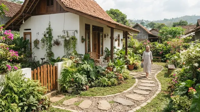 Desain rumah kampung dengan taman kecil di samping yang jadi definisi hunian slow living model taman samping dengan jalur batu