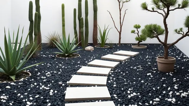 Taman Kering dengan Kaktus dan Bebatuan