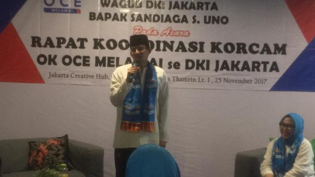 Wakil Gubernur DKI Sandiaga Uno hadiri rapat koordinasi Relawan OK OCE (Liputan6.com/Delvira Chaerani)