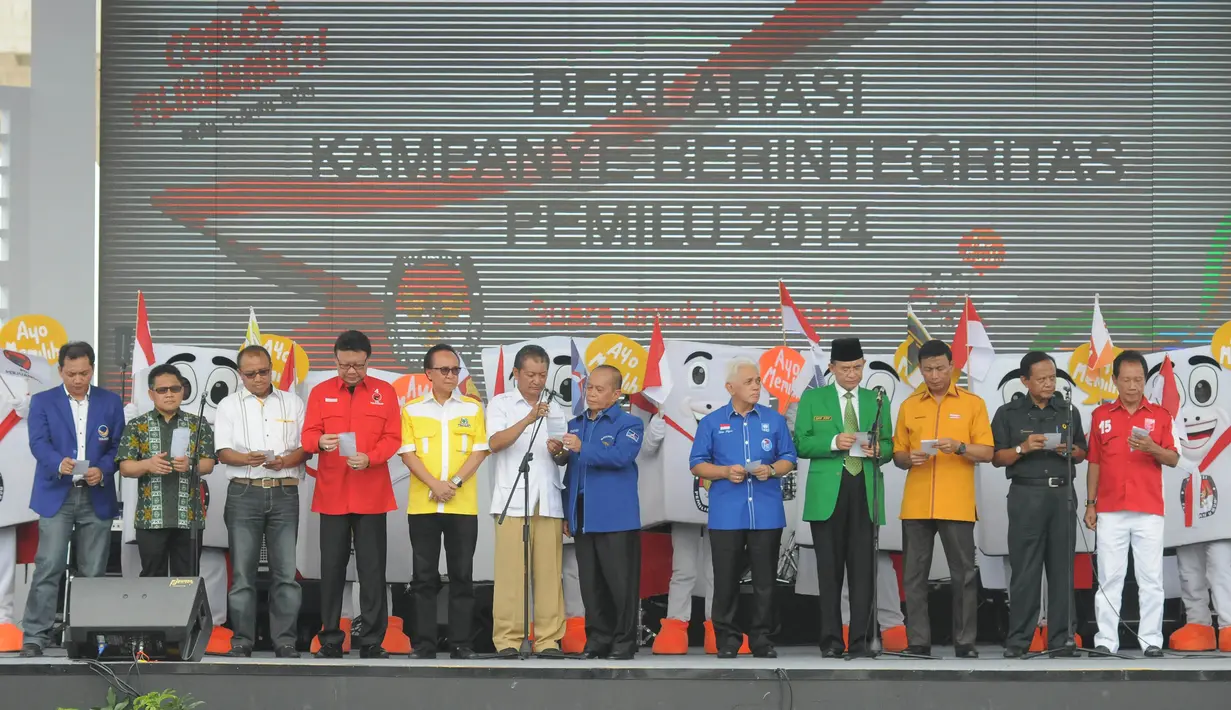 Para Ketua partai politik membacakan Deklarasi kampanye damai (Liputan6.com/Herman Zakharia)