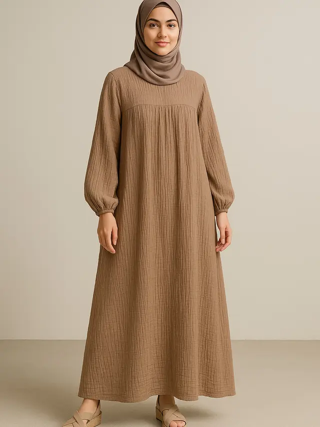 Model Gamis Syari Bahan Linen Longgar Trend 2025/Ilustrasi AI