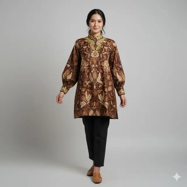 Tunik Batik Lengan Bishop Panjang dengan Bordir: Artistic Excellence