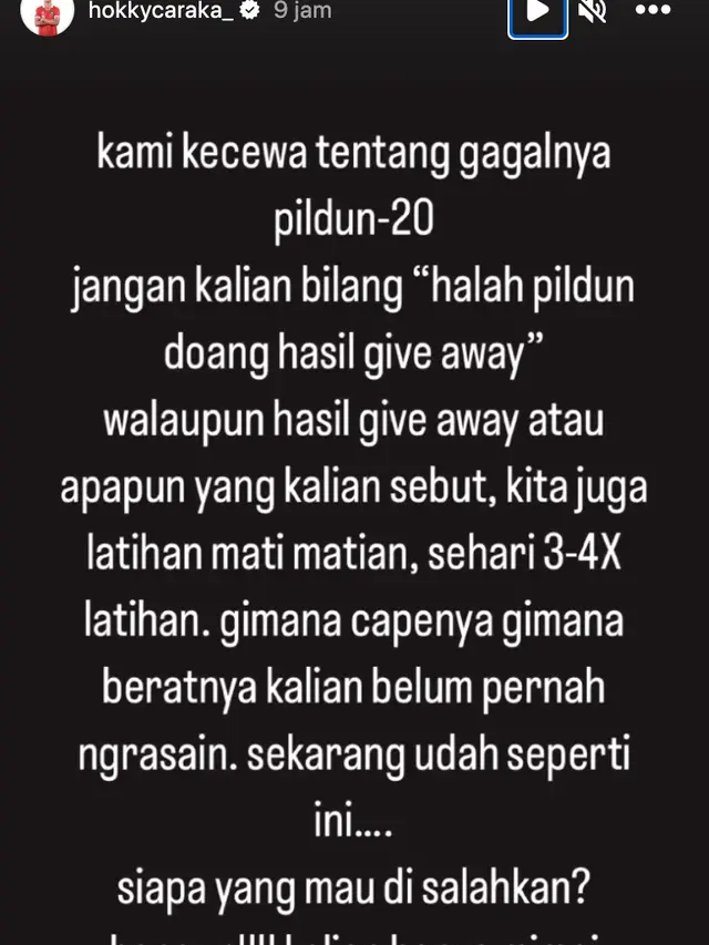 Unggahan Hokky Caraka soal Indonesia gagal jadi tuan rumah Piala Dunia U-20. (Foto: Dok. Instagram @hokkycaraka_)