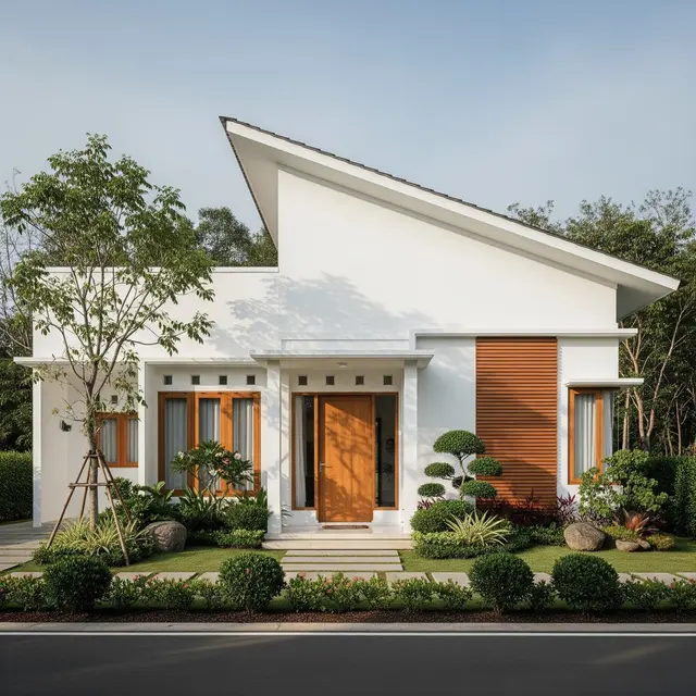 Rumah Pedesaan Minimalis Modern Atap Miring dan Taman Depan