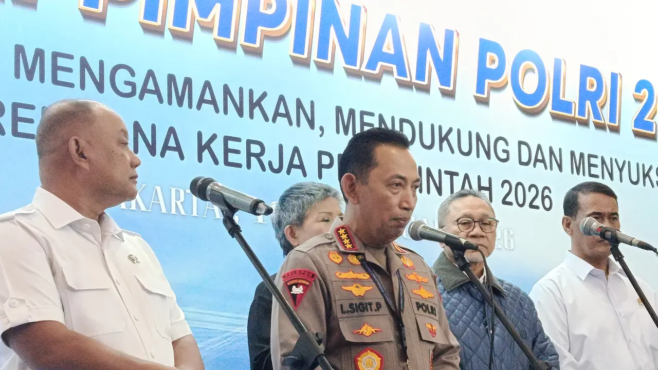 Kapolri Jenderal Listyo Sigit usai membuka Rapim Polri 2026 di The Krakatau Grand Ballroom TMII, Jakarta Timur, Selasa (10/2/2027).