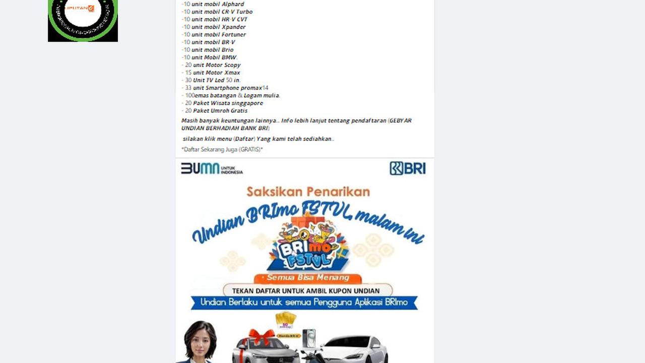 Tangkapan layar klaim pendaftaran gebyar undian berhadiah dari BRI