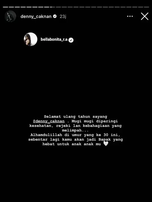 "Selamat ulang tahun sayang @denny_caknan. Muugi-mugi diparingi kesehatan, rejeki lan kebahagiaan yang melimpah... Alhamdulillah di umur yang ke 30 ini, sebentar lagi kamu akan jadi Bapak yang hebat untuk anak anakmu," tulis Bella. [Instagram/bellabonita_r.a]
