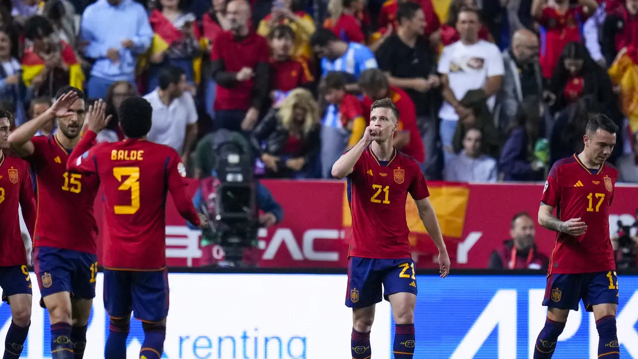 Pemain Spanyol merayakan gol ke gawang Norwegia di Kualifikasi Euro 2024