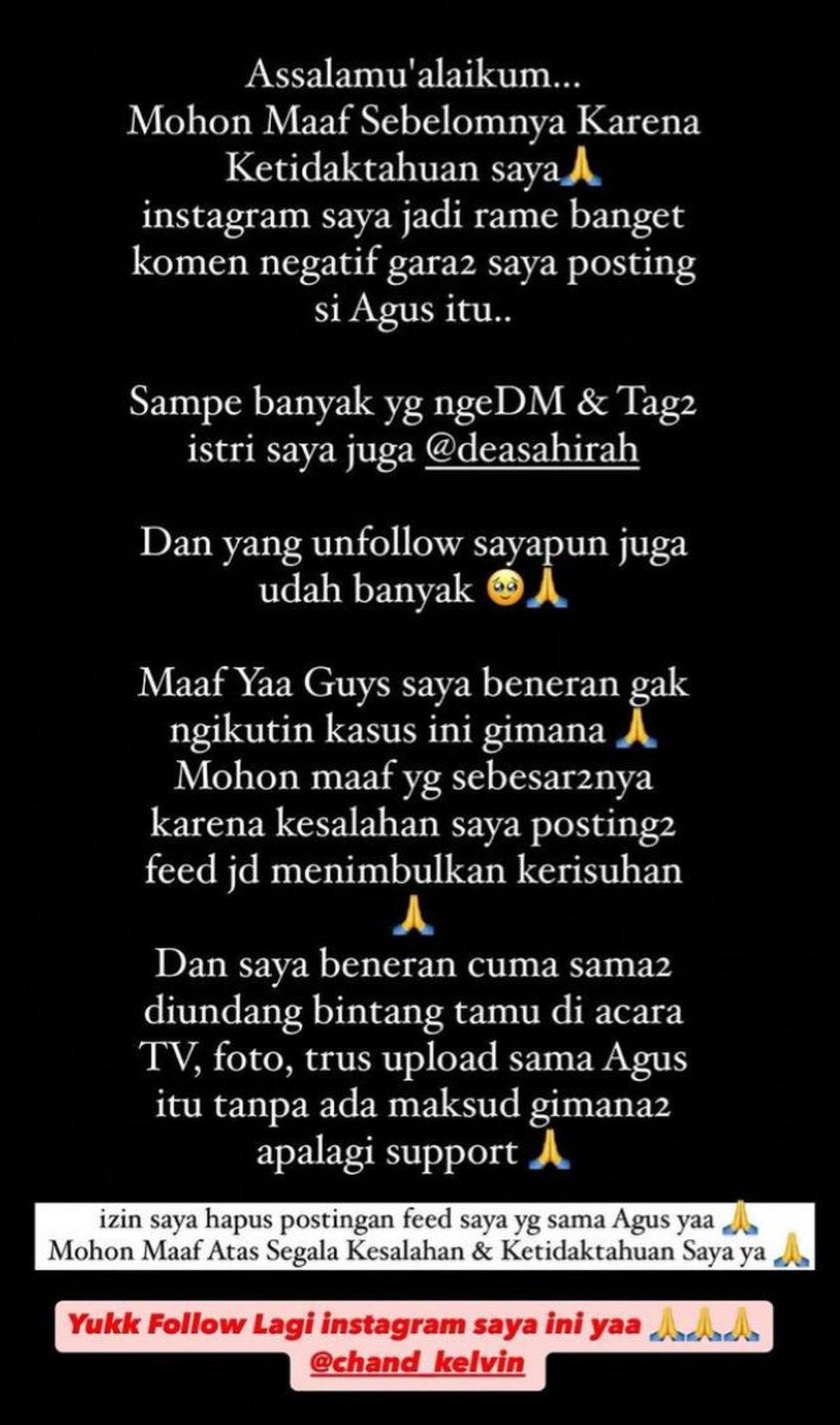 Chand Kelvin Klarifikasi dan Minta Maaf, Akun Instagramnya Dihujani Komentar