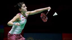 Carolina Marin mampu mendominasi jalannya game pertama hingga berhasil merebut game pertama dengan keunggulan 21-18. (Bola.com/M Iqbal Ichsan)