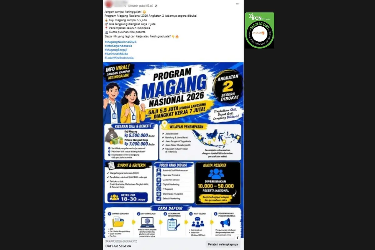 Cek Fakta Liputan6.com mendapati klaim link pendaftaran Magang Nasional 2026 angkatan 2.