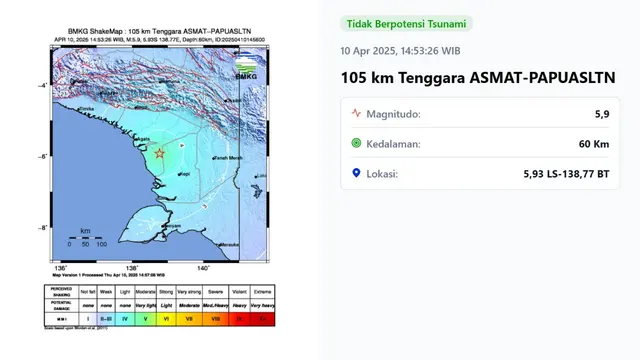 Gempa hari ini, Kamis (10/4/2025) di Indonesia pertama terjadi siang tadi pada pukul 13:39:39 WIB di wilayah Konda, Kabupaten Konawe Selatan, Provinsi Sulawesi Tenggara.