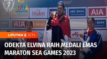 Atlet lari Indonesia Odekta Elvina Naibaho meraih medali emas dalam nomor maraton SEA Games 2023 Kamboja yang berlangsung di area Situs Warisan Budaya Angor Wat Siem Reap. Odekta finish dengan catatan waktu 2 jam 48 menit dan 14 detik.